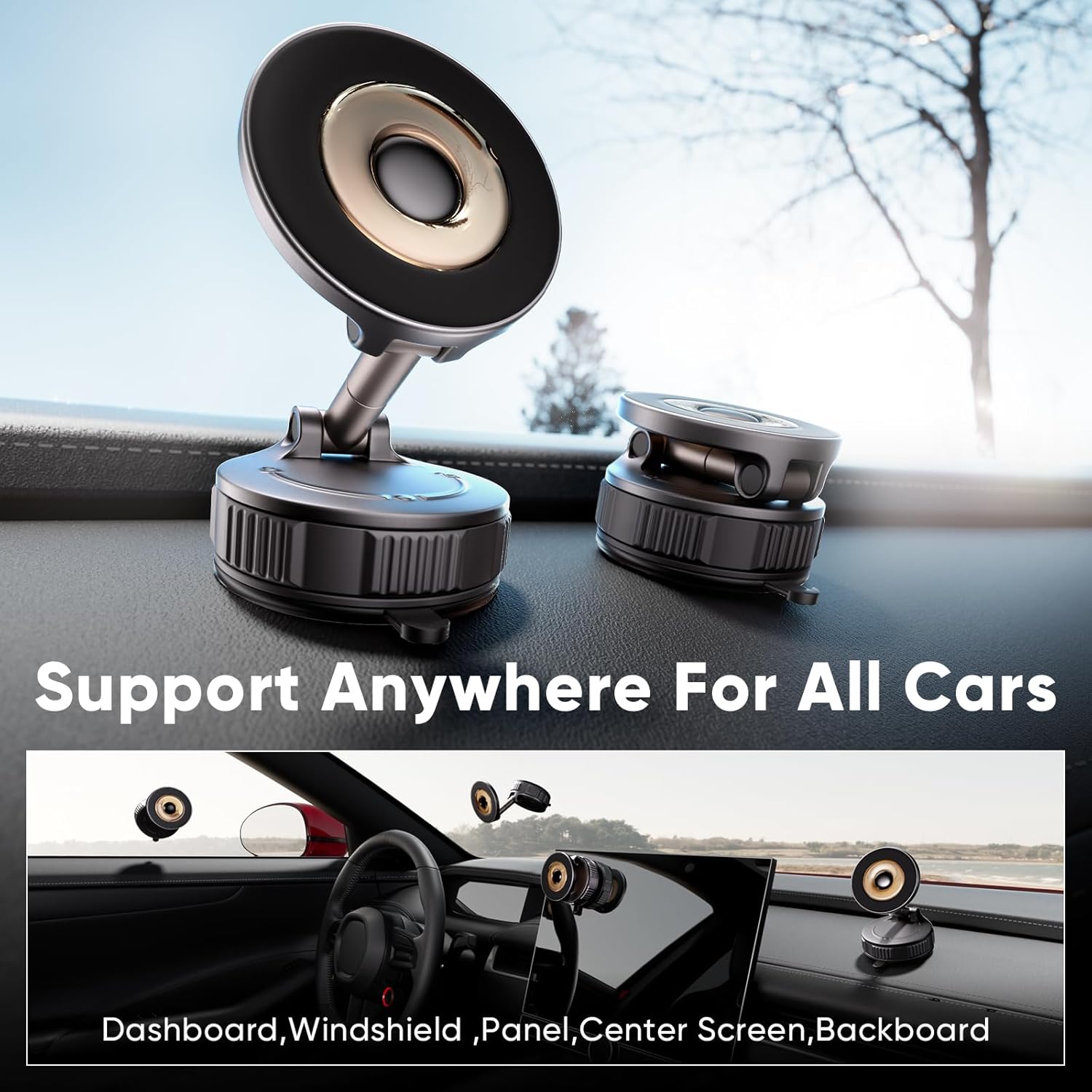 ESTBUC magnetic car phone holder mounted on dashboard and windshield, showing multiple installation positions inside a car for MagSafe devices.