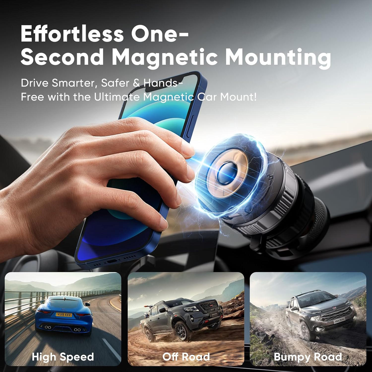 ESTBUC magnetic car phone holder showing effortless one-second magnetic mounting, secure grip during high speed, off-road, and bumpy road driving.