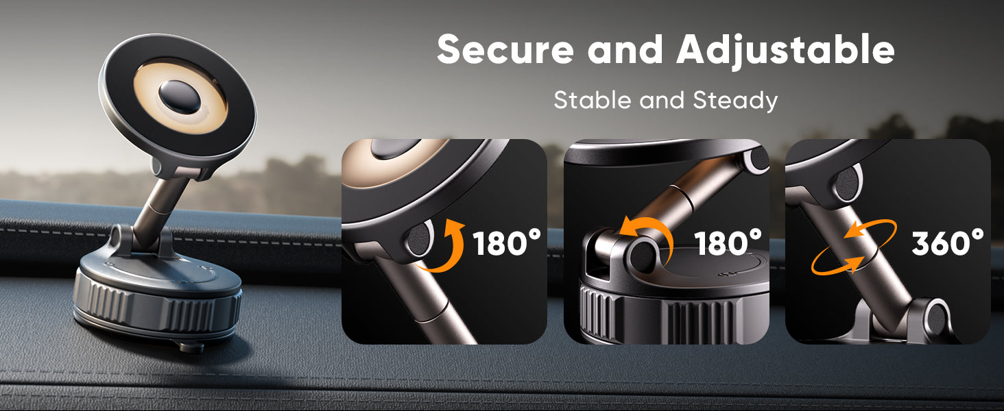 ESTBUC magnetic car phone holder securely mounted on dashboard, showing 180° tilt and 360° rotation for stable and adjustable MagSafe mounting.