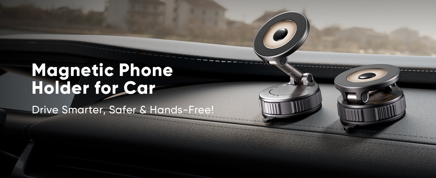 ESTBUC magnetic phone holder for car mounted on dashboard, featuring strong suction and adjustable design for safer, smarter, hands-free driving.