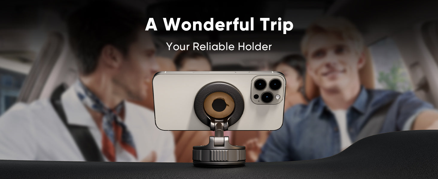 ESTBUC magnetic car phone holder mounted on dashboard, securely holding iPhone horizontally during a car trip, providing a stable and reliable viewing experience