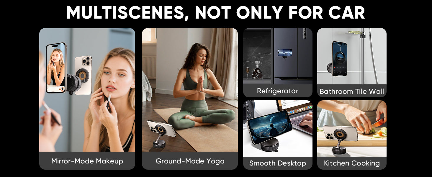 ESTBUC magnetic phone holder used in multiple scenes beyond cars, including mirror makeup, yoga, refrigerator, bathroom tile wall, smooth desktop, and kitchen cooking