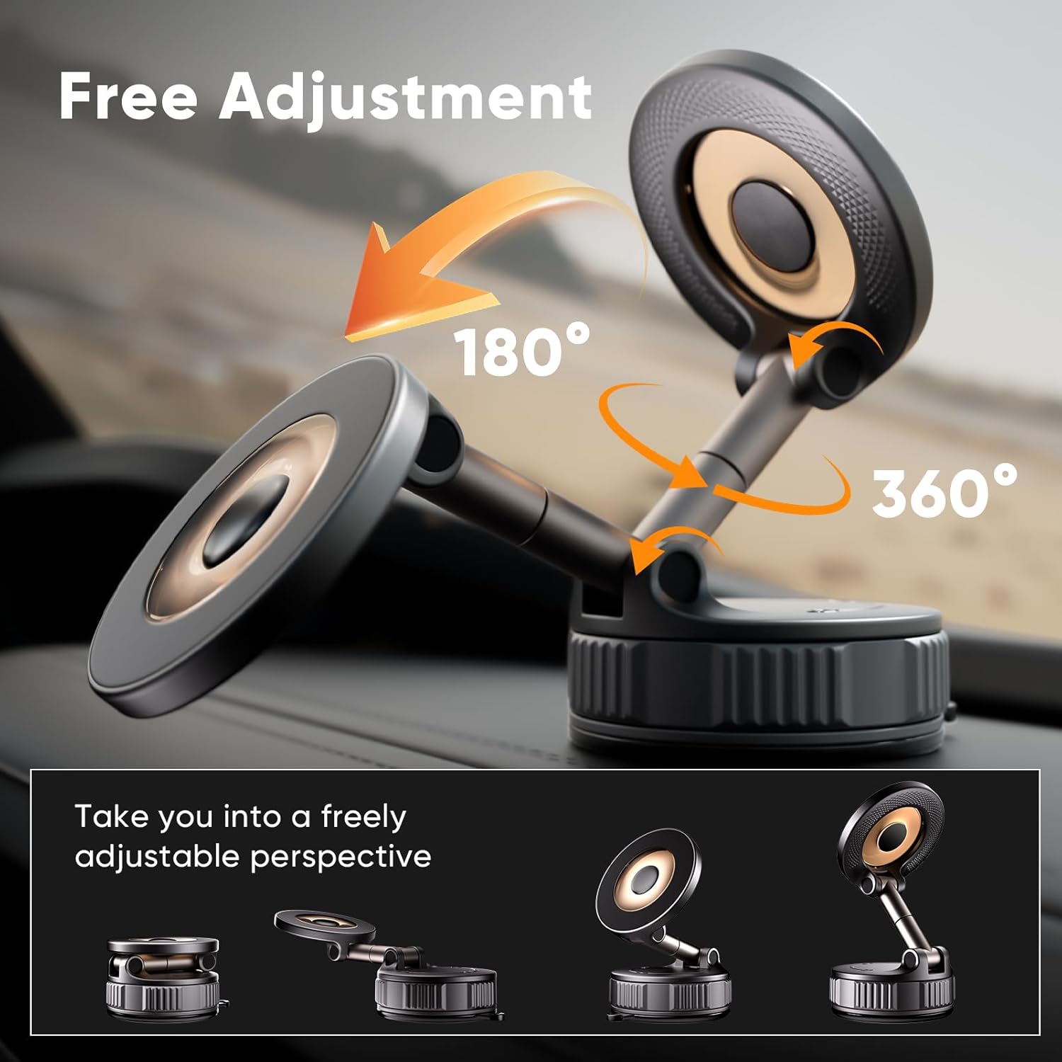 ESTBUC magnetic car phone holder showing 180° tilt and 360° rotation, demonstrating fully adjustable MagSafe mount for dashboard installation.