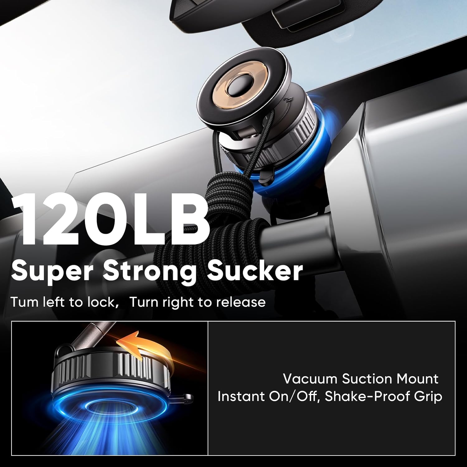 ESTBUC magnetic car phone holder with 120 lb super strong vacuum suction base, showing lock and release mechanism and shake-proof grip.