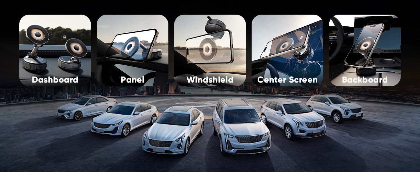 ESTBUC magnetic car phone holder shown mounted in multiple positions: dashboard, panel, windshield, center screen, and backboard, compatible with different car types.
